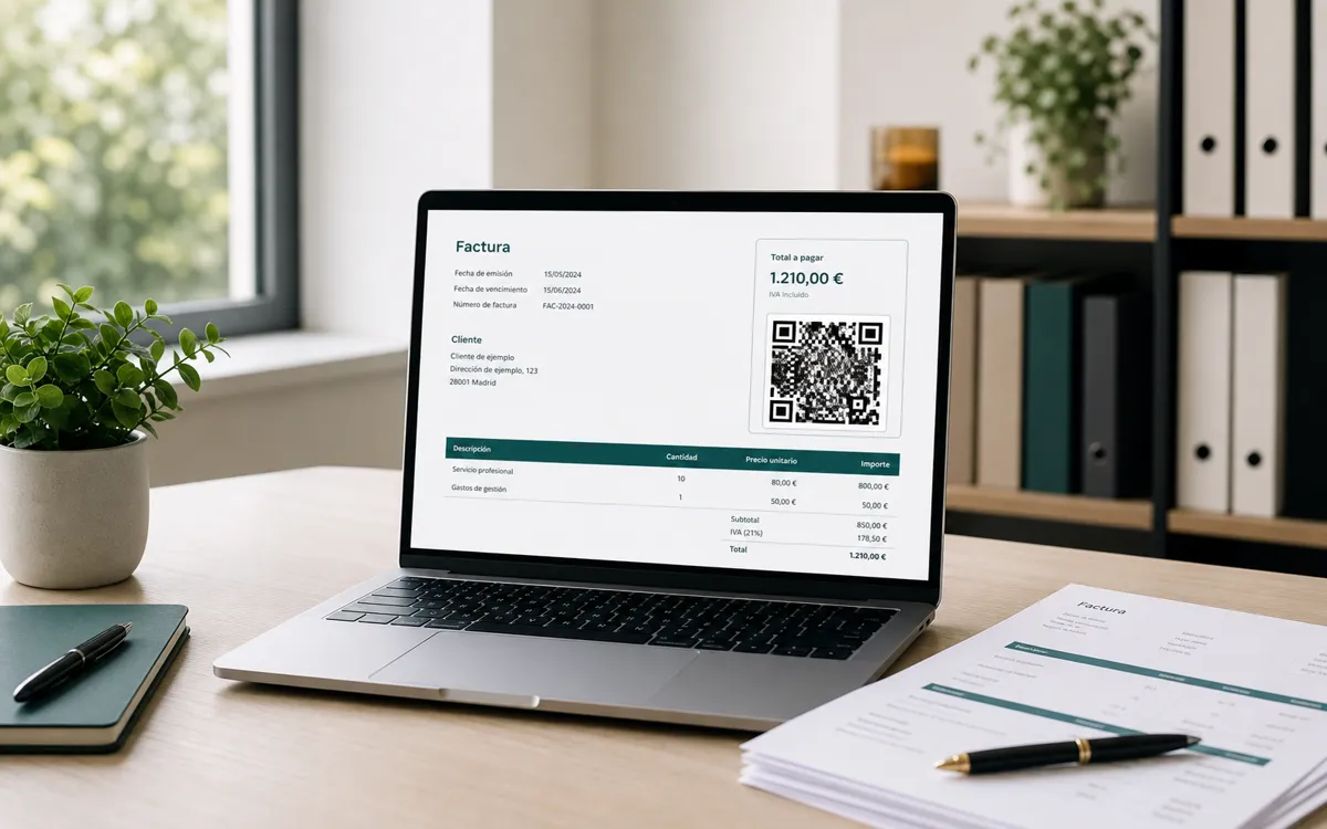 Portátil mostrando una factura con código QR junto a facturas impresas en un escritorio de oficina
