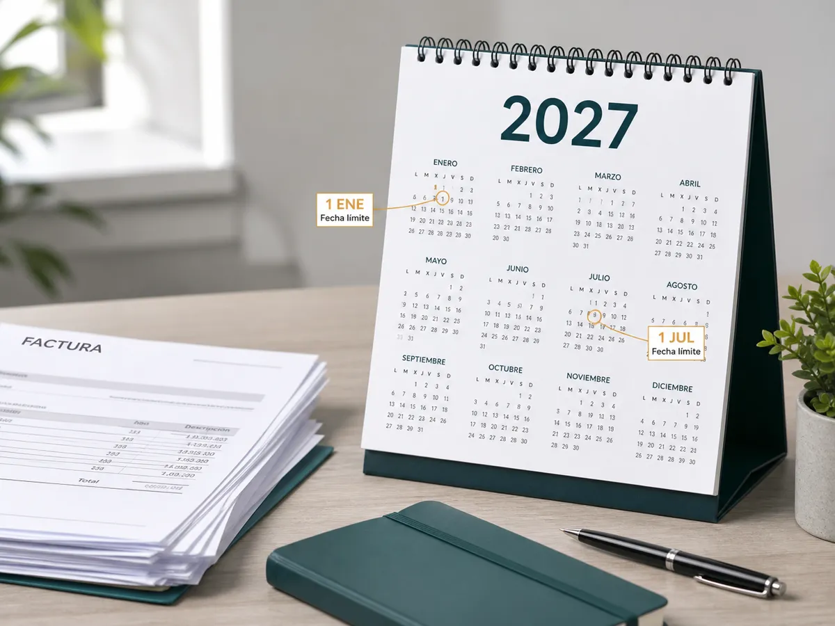 Calendario de 2027 con las fechas límite del 1 de enero y el 1 de julio señaladas junto a un montón de facturas