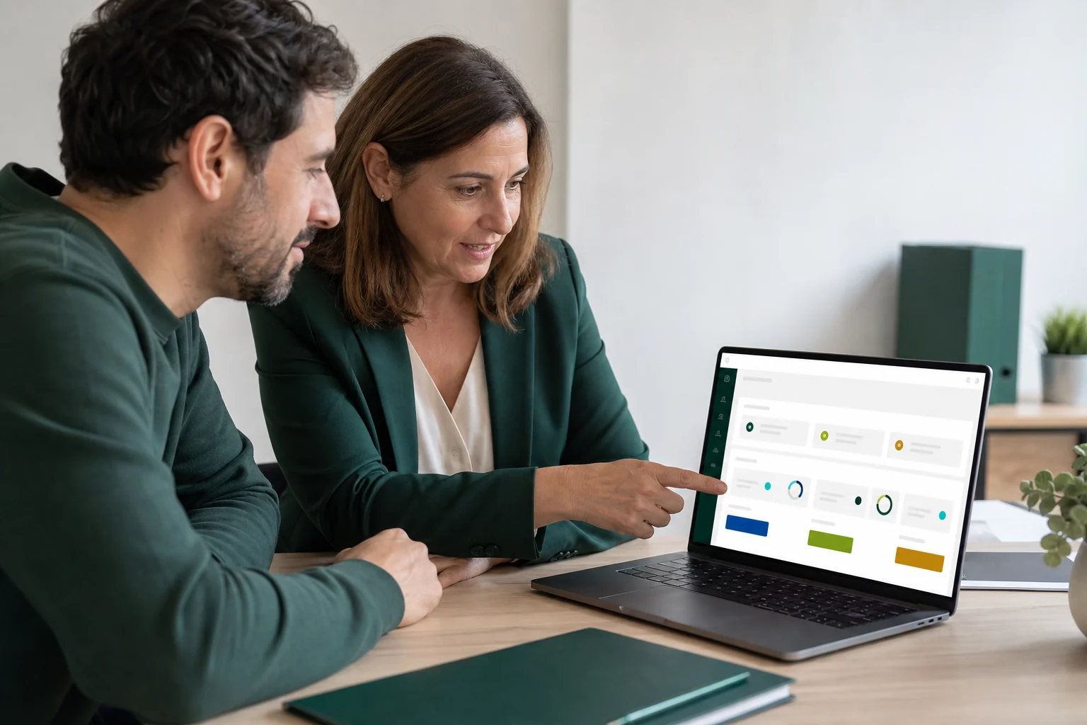 Asesora mostrando a un cliente un portal documental desde un ordenador