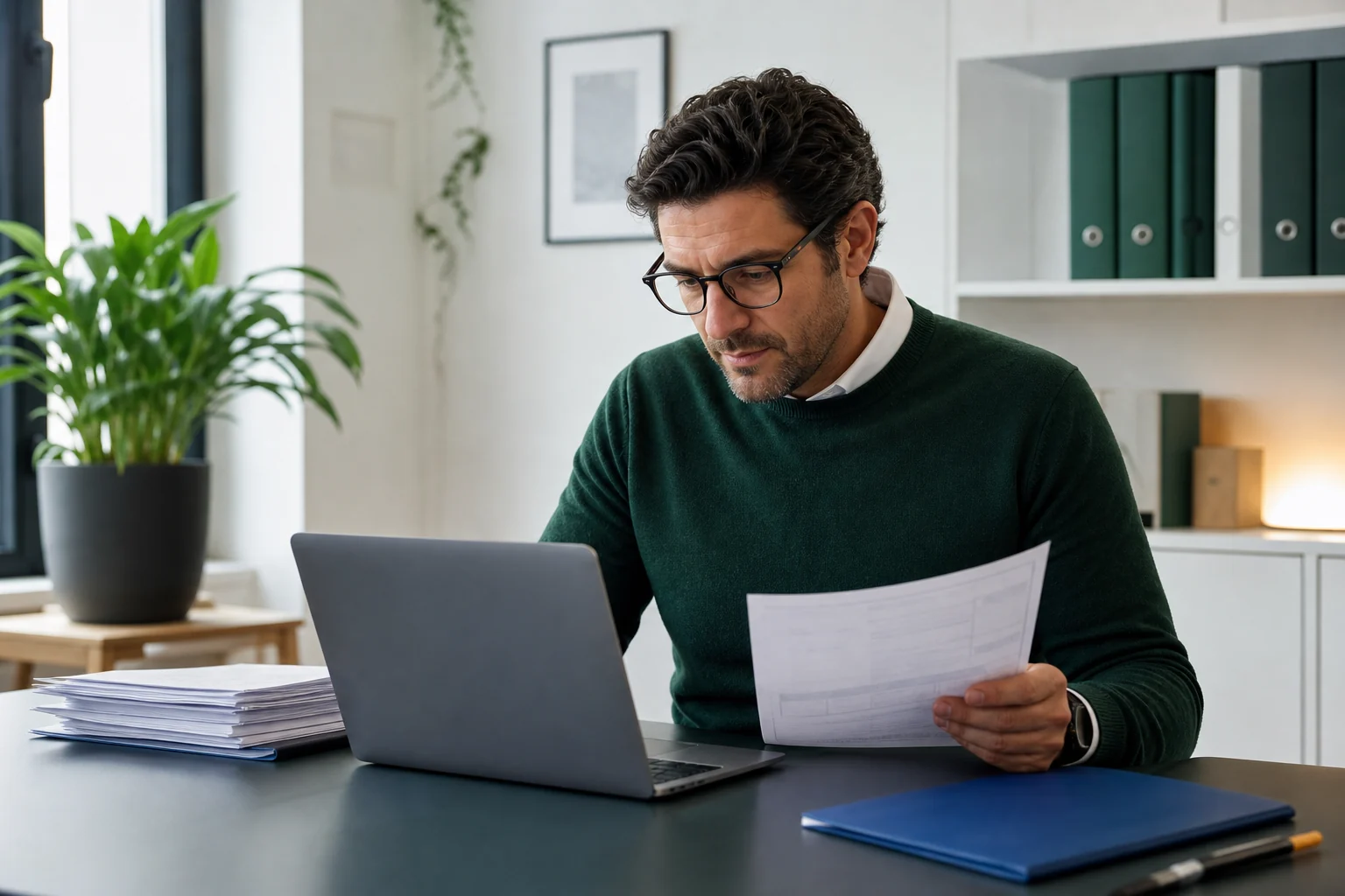 Asesor revisando documentación de un cliente junto a su ordenador