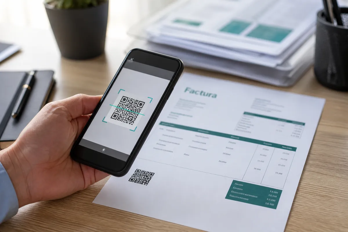 Persona escaneando con el móvil el código QR de una factura impresa